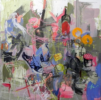 Gopal Dagnogo –  Nature morte aux éléments ondoyants - 2014 - 100x100cm - Acrílico y pasteles sobre tela