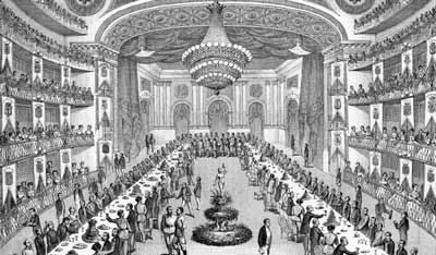 Imagen histórica del banquete ofrecido en el Teatro Tacón en honor de los tercios vascongados.