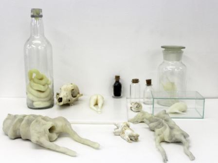RENATA HUBER Untitled, from the series “Quase” Cold porcelain, animal bones, glasses, bottles