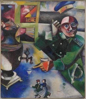 Marc Chagall  El soldado bebe (Le soldat boit, 1911–12) Óleo sobre lienzo 109,2 x 94,6 cm  Solomon R. Guggenheim Museum, New York, Colección Fundacional Solomon R. Guggenheim, 49.1211 © VEGAP, Bilbao, 2016