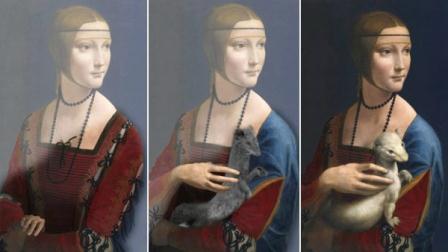 The three different stages of Leonardo Da Vinci's Lady With an Ermine. Photo: via BBC.