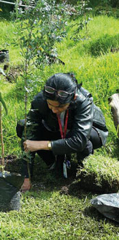 La autora siembra una postura como contribución al récord Guinness implantado en Ecuador.