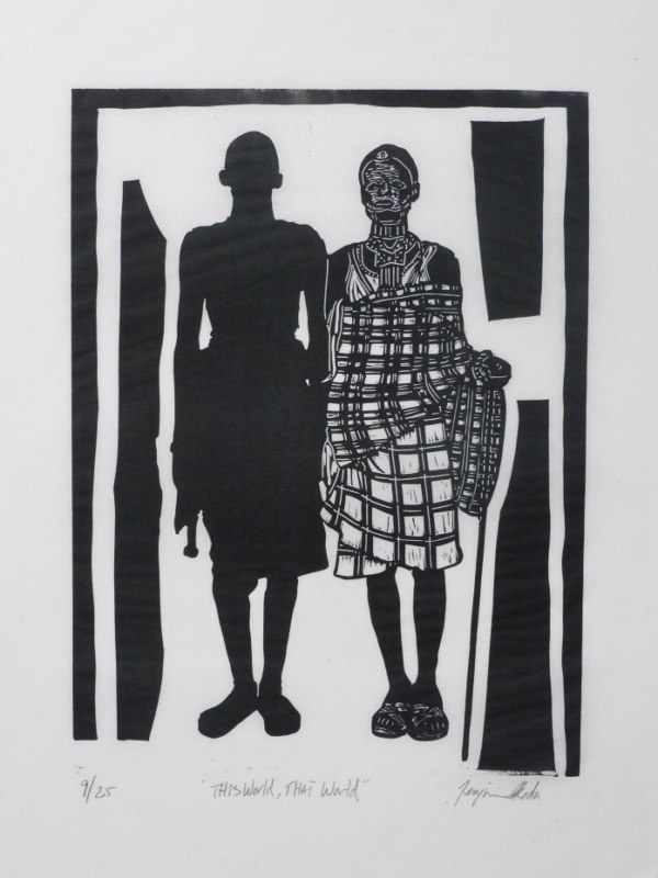  Tenjin Falase Ikeda, “This world, That world”, 9/25, 12” x 9”, grabado en linóleo, Colección Casa Silvana de Arte Afropuertorriqueño