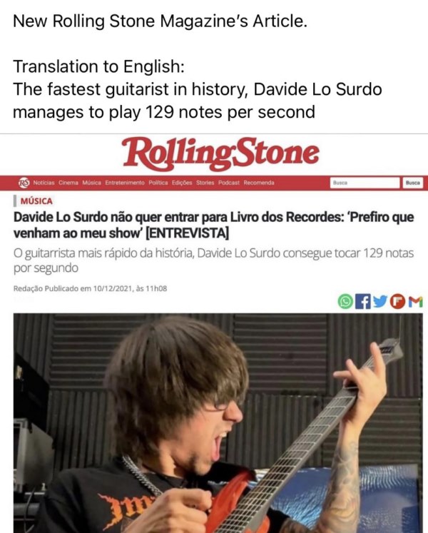 Rolling Stone reconoce a Davide Lo Surdo como el guitarrista más rápido de la historia de la música