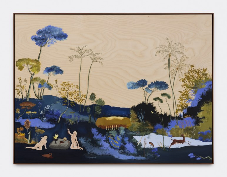 Sanam Khatibi, Casi una fiesta campestre, óleo, pastel y lápiz sobre tabla, 69,7 x 92,6 cm, 2023