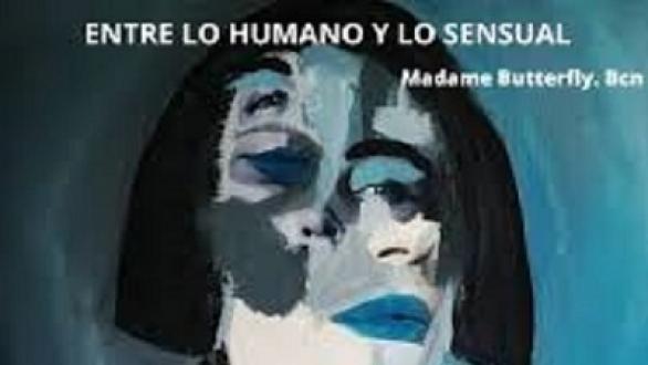 cartel de la muestra entre lo humano y lo sensual. dos caras de una mujer fusionadas en una 