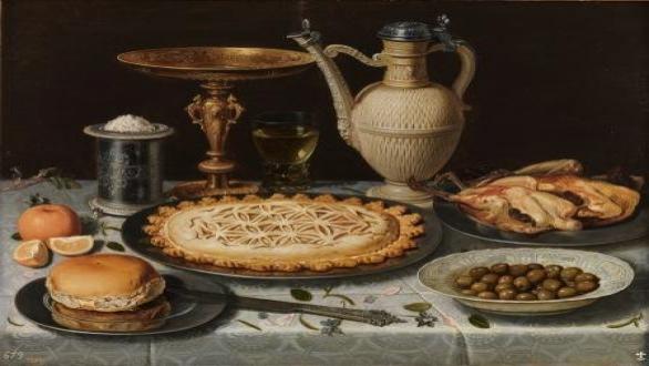 Clara Peeters, Table with Cloth, Salt Cellar, Gilt Standing Cup, Pie, Porcelain Plate with Olives and Cooked Fowl (1611). Image courtesy of Museo del Prado.