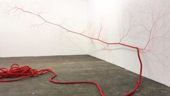 JANAINA MELLO LANDINI, Ciclotrama 66 (detail). 20 meters of red polyethylene rope, diameter 24 mm and 1300 nails Courtesy of Galleria Macca, Caligari, Italy.