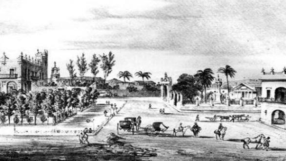 Vista del Templete y parte de La Plaza de Armas. F. Mialhe, 1835. Lit. R.Sociedad.