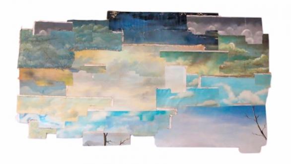 Julio Falagán. Sin título - Ensamblaje de cielos de paisajes populares y marcos - 125 x 230 cm - 2016
