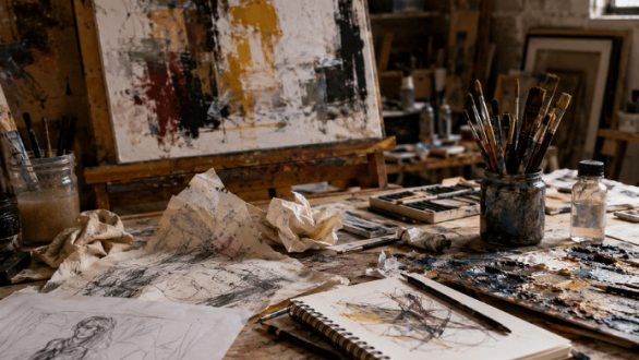 Mesa de trabajo de un artista con bocetos arrugados, manchas de pintura y materiales creativos que evocan el papel del azar en el proceso artístico