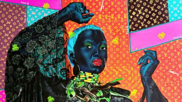 Anjel  | The Black Widow | 2021 | 140cm H x 110cm W | .Acrylic and silk screen print on canvas