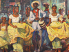 Comparsa afrocubana con músicos y bailarinas vestidas de amarillo en una pintura de Oscar García Rivera realizada hacia 1940