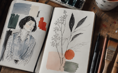 Cuaderno de ilustración abierto con bocetos, acuarelas y herramientas de dibujo sobre una mesa de artista, símbolo del auge de la ilustración contemporánea