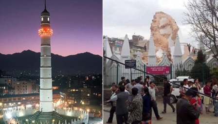 La Torre Bhimsen antes y después del terremoto. Foto: AP. La Torre Bhimsen antes y después del terremoto. Foto: AP.