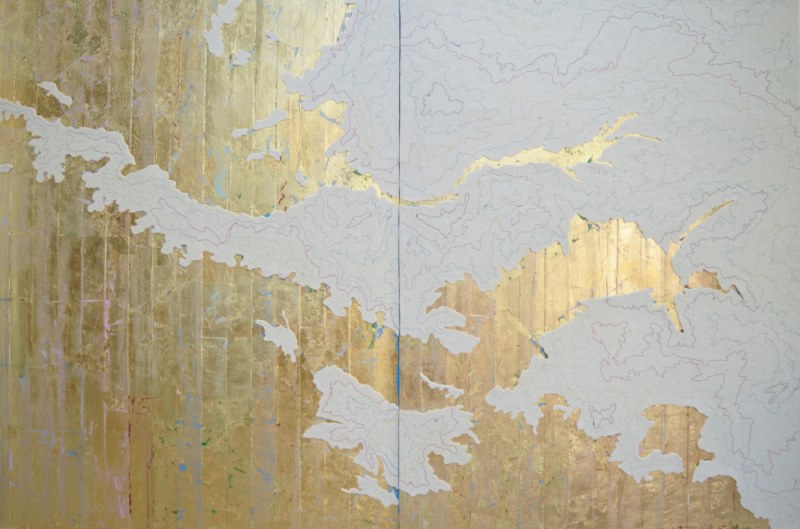 Mercedes Lara. The last frontier, 2020. Fieltro cosido y pan de oro sobre maderas recicladas, 150 x 180 cm 