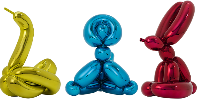 Ballon Swan (Amarillo), Ballon Monkey (Azul) y Ballon Rabbit (Rojo) de Jeff Koons, galeria Vertigo