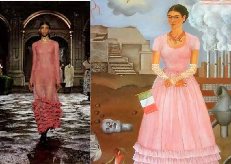 Frida Kahlo, frontera entre México y Estados Unidos / Imagen del vestido rosa del desfile. YANNIS VLAMOS