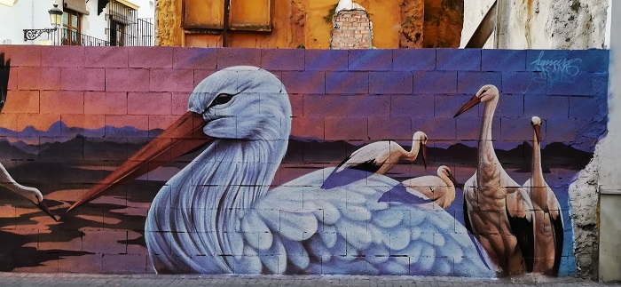 Ave pintada en mural de Cádiz