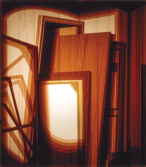 El orden del caos, de la serie Espacios de memoria, Osvaldo González, instalación, acrílico, cinta adhesiva, luz fl uorescente, 60 cm x 70 cm, 2017.