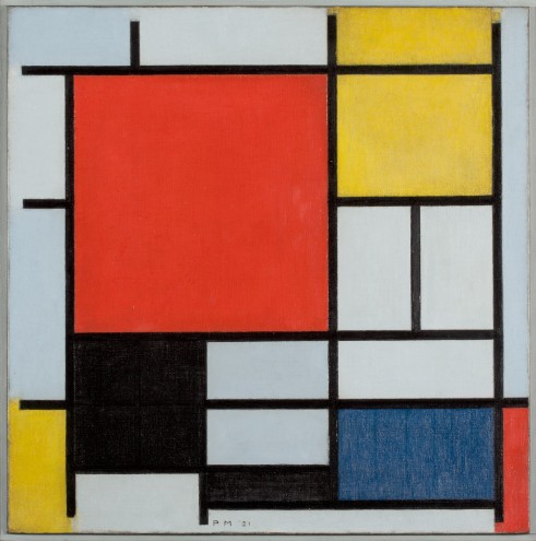 Piet Mondrian, Composition with Large Red Plane, Yellow, Black, Gray, and Blue, 1921 (detail), Oil on canvas, 59.5 × 59.5 cm, Kunstmuseum Den Haag ©2022 Mondrian/Holtzman Trust
