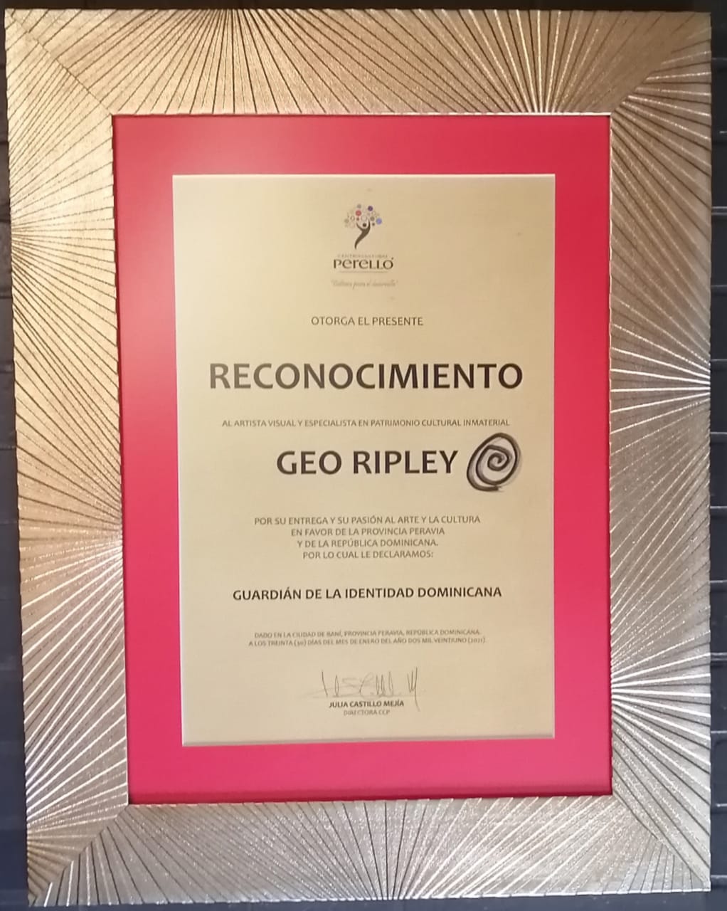 reconocimiento entregado a Geo Ripley