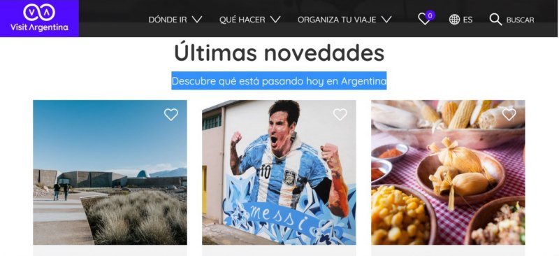 Sección Novedades en la web visit argentina