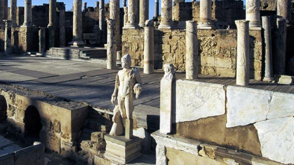 Stage of the theatre with the statue of one of the dioscuri, LepFs Magna, Libya 2001