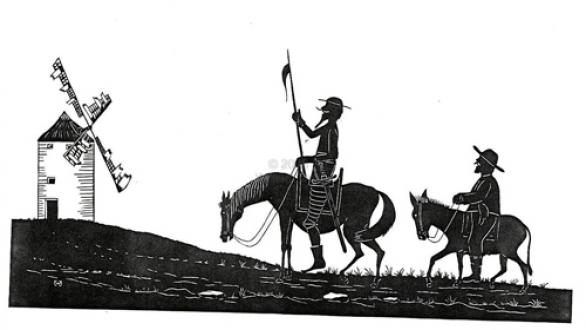 Sancho y Quijote junto a los molinos de viento 