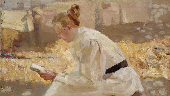 Friederike Koch-Langentreu, „Lesende Dame in Weiß", 1900 Oil on canvas 43,5 x 50 cm Neue Galerie Graz Photo: Universalmuseum Joanneum/N. Lackner