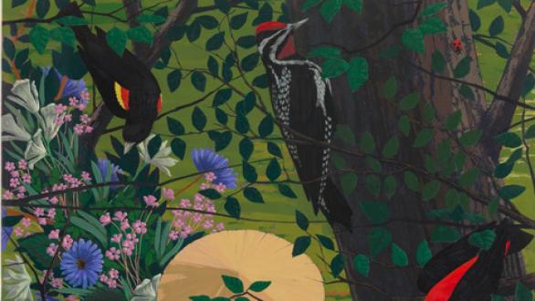 Kerry James Marshall, Black and part Black Birds in America (Red wing Blackbirds, Yellow Bellied Sapsucker, Scarlet Tanager), 2021. © Kerry James Marshall