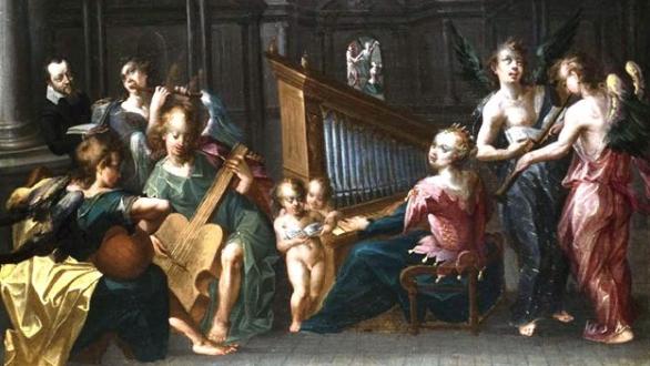 Santa Cecilia y su arpa, con coro de Ángeles