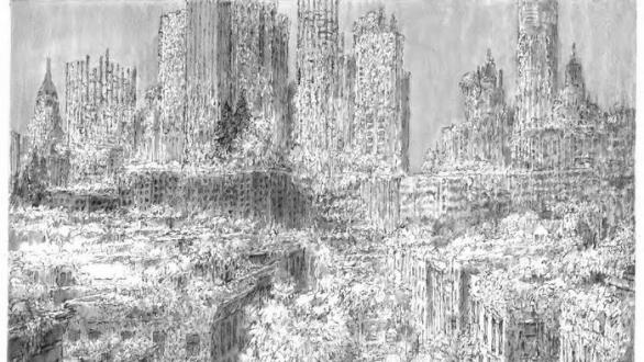 JAMES WINES Nature's Revenge: NYC 2050 - View from Lower East Side, 2022 Ink and wash drawing 12 x 18 inches
