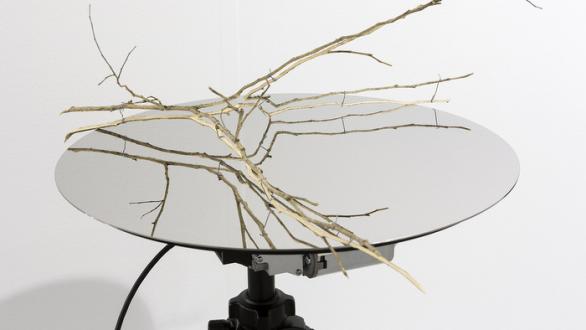 Daniel Steegmann Mangrané, Rotating Table / Speculative Device, 2018, mirrored steel rotating surfaces, tripod, split branch, approx. 100 x 60 x 60 cm