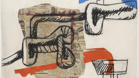 Corde et verres, 1954. Collage de papeles pintados, periódicos y carboncillo sobre papel. Firmado. 48 x 62 cm