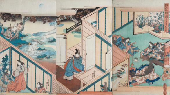 Utagawa Kunisada (Toyokuni III). Triptych inspired by the novel Genji Monogatari [The Story of Genji] by Murasaki Shikibu, 1830. Bujalance Collection