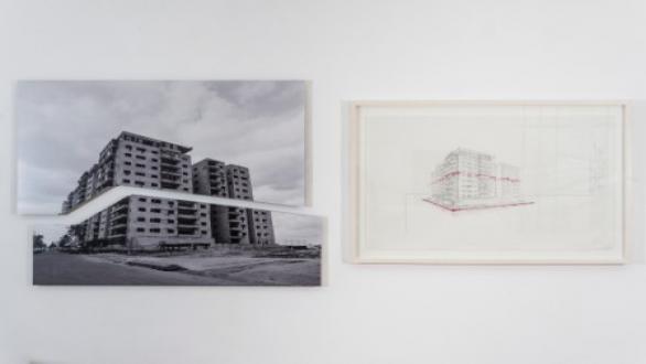Project to Mutilate a Building, 2012. Tryptich. Laser cut B/W photograph mounted and laminated in aluminium. Ink and graphite on vegetal paper Photography: 55.5 x 100 cm    Drawing: 38 x 100 cm