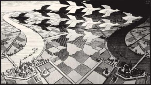 Día y noche. Maurits Cornelis Escher, febrero de 1938. Xilografia, 39,1x67,7 cm Collezione Giudiceandrea Federico All M.C. Escher works © 2016 The M.C. Escher Company. All rights reserved
