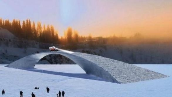Rendering of Bridge in Ice, the construction inspired by a Leonardo da Vinci design. Photo via: MNN.